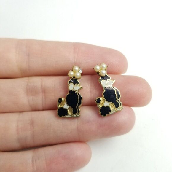 Vintage Poodle Shaped Stud Earrings, Enamel and Gold Tone Setting, Black White - Picture 1 of 5